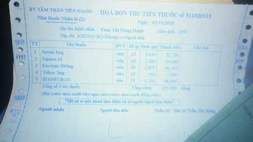 Hóa đơn tiền thuốc minh chứng Hồng Hạnh mắc tâm thần mà người nhà đưa ra.