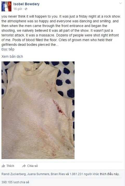 Bài đăng về ký ức sống sót sau đêm thảm sát ở nhà hát tại Paris của cô Isobel Bowdery nhận được sự quan tâm và chia sẻ lớn từ người dùng Facebook