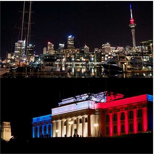 Bảo tàng Tưởng niệm Chiến tranh và Sky Tower ở Auckland, New Zealand chuyển sang màu cờ Pháp