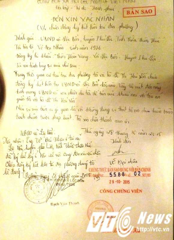 Giấy xác nhận ông Đ.V.T còn độc thân. (Ảnh: TD).