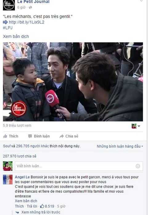 Bài phỏng vấn làm lay động hàng ngàn con tim của cặp bố con anh Angel Le – những người Pháp gốc Việt trong buổi đặt hoa tưởng niệm nạn nhân vụ khủng bố ở Paris Bài phỏng vấn làm lay động hàng ngàn con tim của cặp bố con anh Angel Le – những người Pháp gốc Việt trong buổi đặt hoa tưởng niệm nạn nhân vụ khủng bố ở Paris