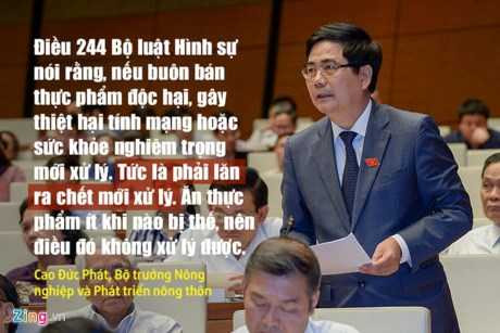 Liên quan tới an toàn vệ sinh thực phẩm, Bộ trưởng Cao Đức Phát viện dẫn Bộ luật Hình sự để nói về tình trạng khó xử lý thức ăn bẩn, không đạt tiêu chuẩn.