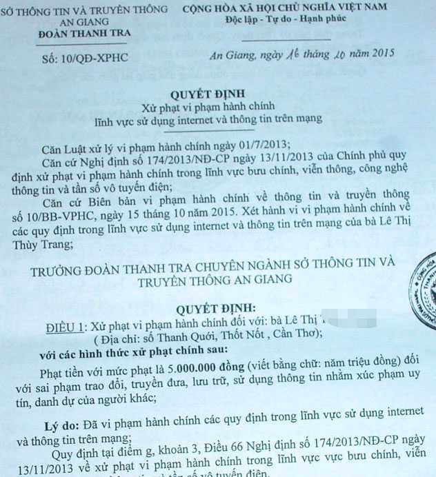 Quyết định xử phạt của Sở Thông tin và Truyền thông tỉnh An Giang