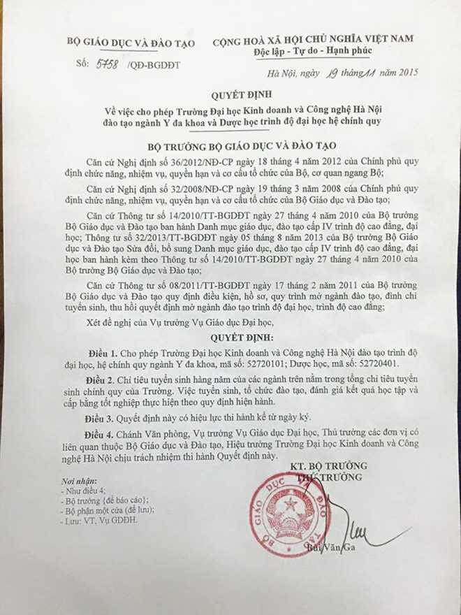 Quyết định của Bộ Giáo dục và Đào tạo đồng ý cho ĐH Kinh doanh và Công nghệ Hà Nội mở ngành Y đa khoa, Dược học