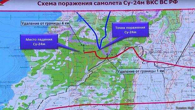 Bộ quốc phòng Nga cho đăng tải hình ảnh bản đồ, trên đó thể hiện sự cố của máy bay Su-24