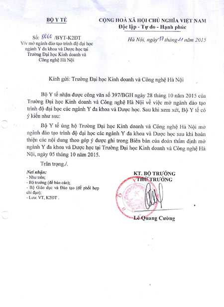 Văn bản đề xuất của Bộ Y tế đồng ý cho ĐH Kinh doanh và Công nghệ Hà Nội được đào tạo Y đa khoa và Dược học