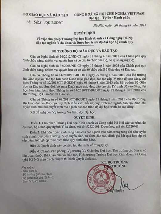 Quyết định của Bộ Giáo dục và Đào tạo đồng ý cho ĐH Kinh doanh và Công nghệ Hà Nội mở ngành Y đa khoa, Dược học đang khiến dư luận xôn xao