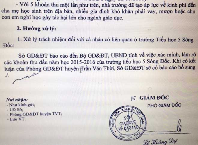 Báo cáo của Sở GD&ĐT Cà Mau nêu việc làm sai của Trường tiểu học 5 Sông Đốc. Ảnh: Việt Tường.