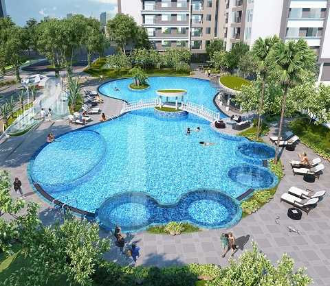 Bể bơi Sapphire – bể bơi hoàng gia, mềm mại, uốn lượn, có thiết kế sáng tạo với nhiều khu vực phù hợp cho các lứa tuổi khác nhau, có bể sục hiện đại.