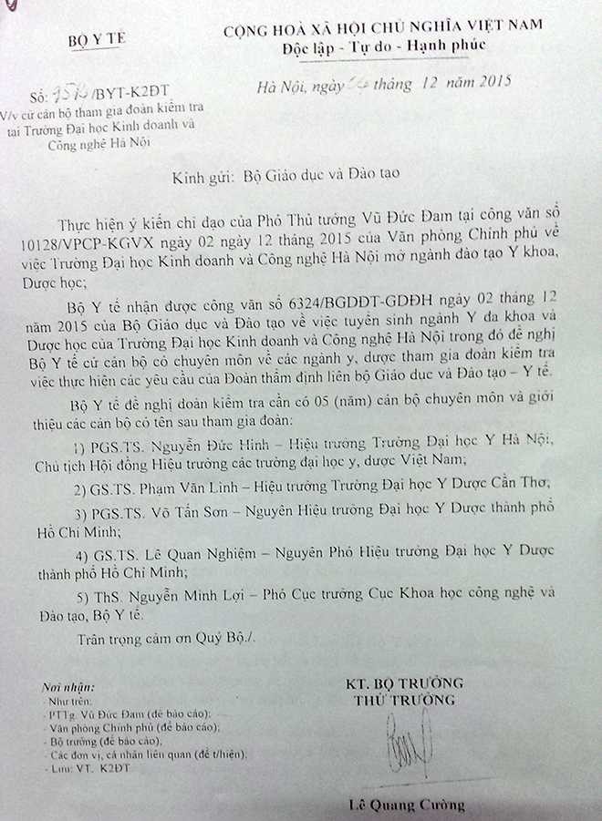 5 chuyên gia y, dược hàng đầu của Bộ Y tế sẽ tham gia vào đoàn kiểm tra liên ngành tại ĐH Kinh doanh và Công nghệ Hà Nội
