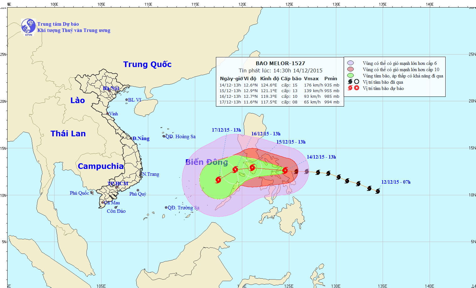 Vị trí và đường đi dự kiến của bão Melor (Ảnh: TTDBKTTVTƯ)
