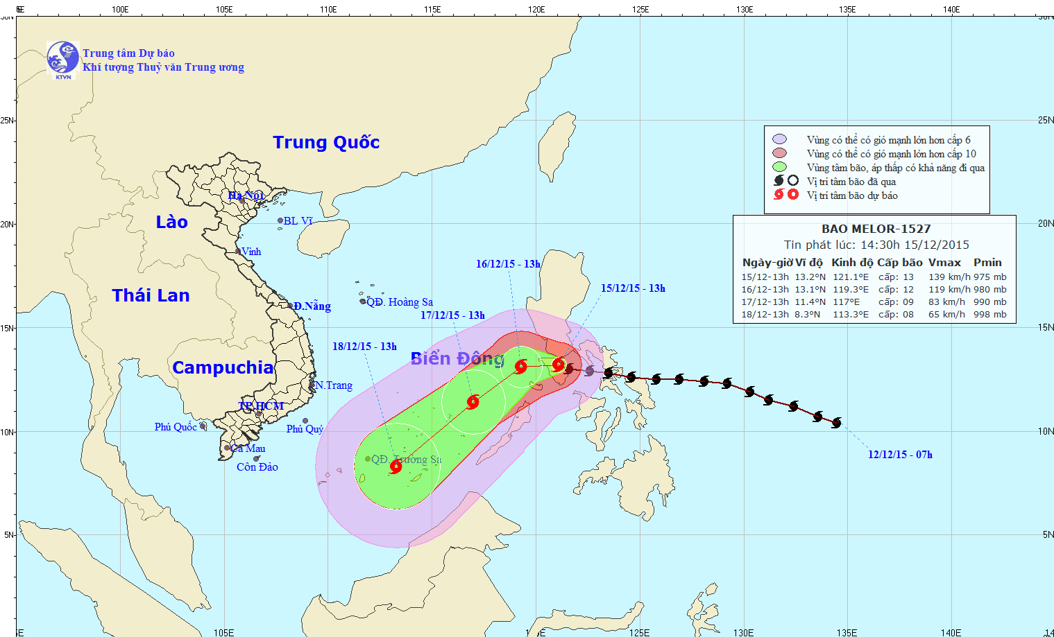 Vị trí hiện tại và đường đi dự kiến của bão Melor (Ảnh:nchmf)