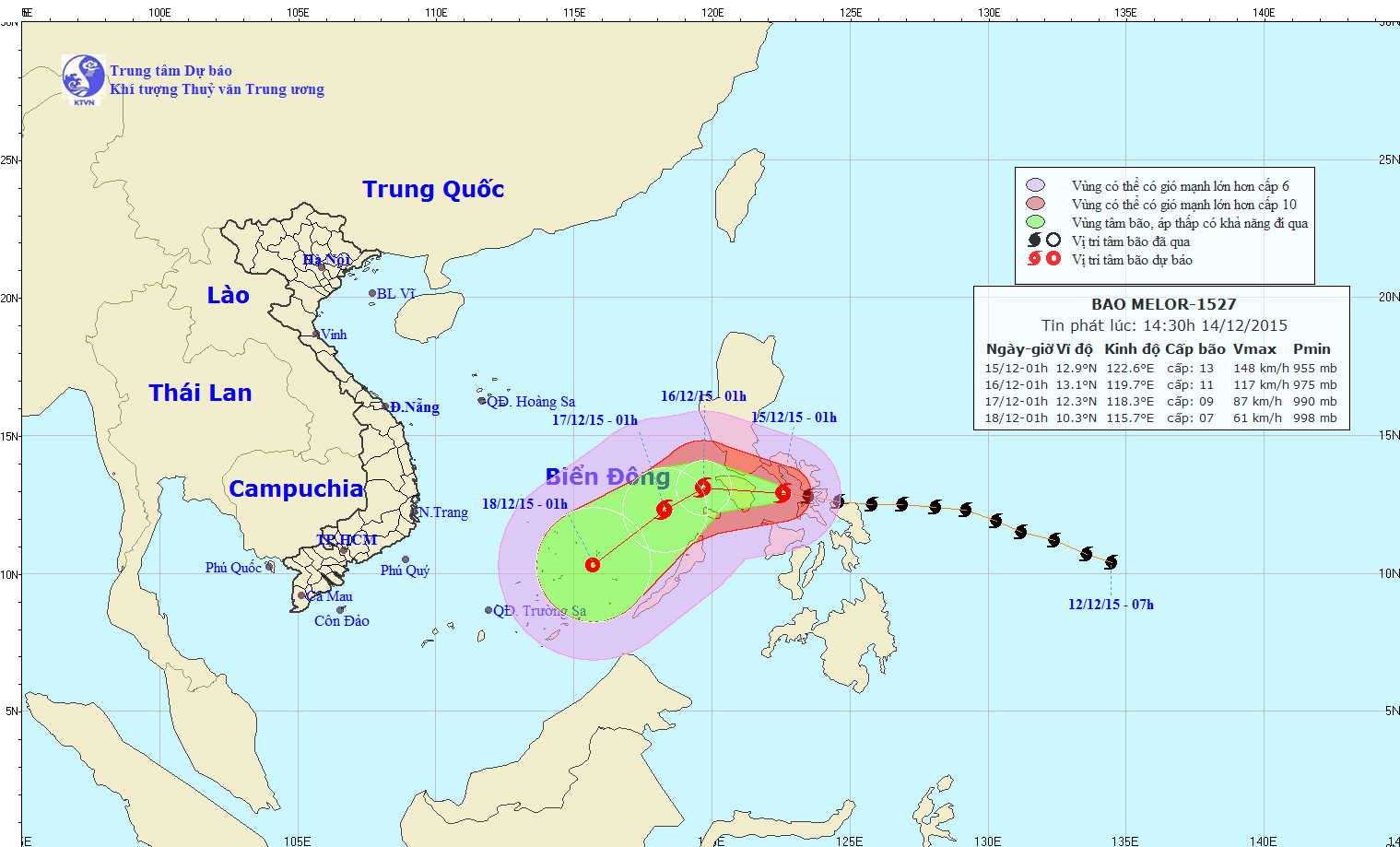 Vị trí hiện tại và đường đi dự kiến của bão Melor (Ảnh: nchmf)