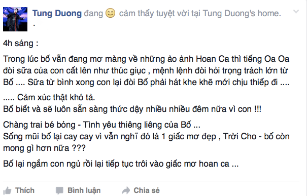 Tùng Dương dậy từ 4h sáng pha sữa và hát ru cho con trai