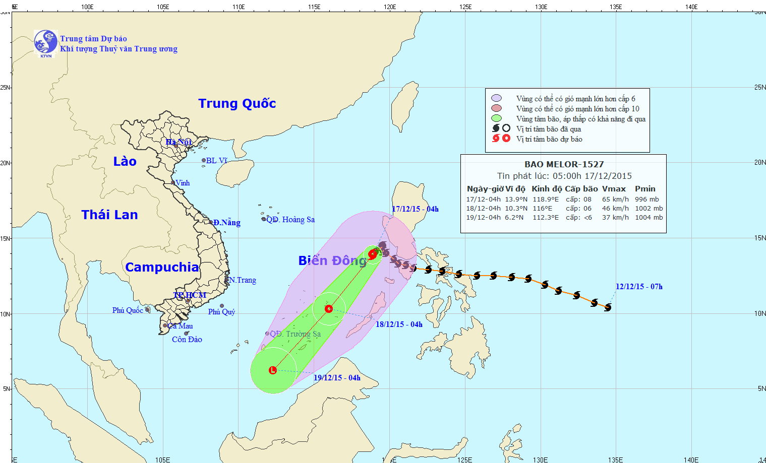 Vị trí và đường đi dự kiến của bão số 5 (Ảnh:nchmf)