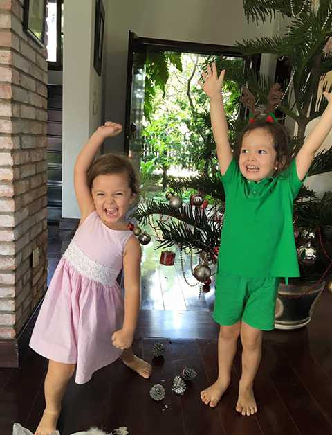 Cặp song sinh Tôm - Tép của nữ ca sĩ Hồng Nhung là những nhóc tỳ tiên phong đi đầu trong việc làm đẹp cây thông Noel.