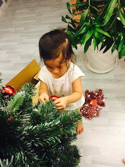 Không những thế, cây thông nhà Hoàng Bách còn nhận được sự chăm chút tỉ mỉ của cô con gái xinh xắn. 