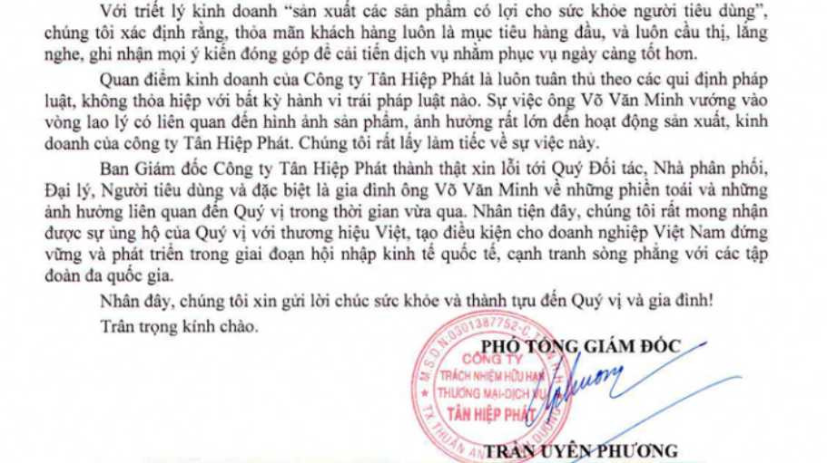 Nội dung công văn xin lỗi của Tân Hiệp Phát 