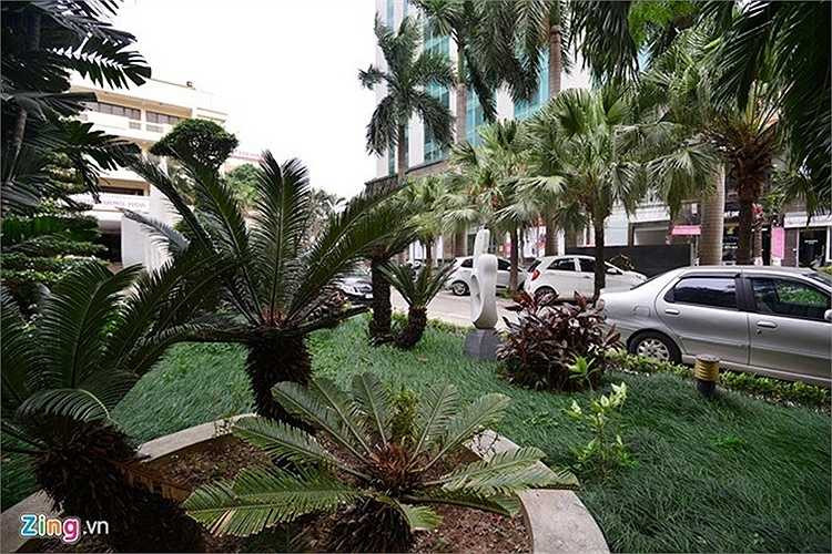 Khu vực vườn hoa khá rộng nếu so với các khách sạn khác ở Hà Nội xây dựng cùng thời điểm như La Thành hay Công Đoàn. 