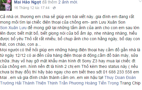 Thông tin chị Mai chia sẻ trên facebook - Ảnh chụp màn hình