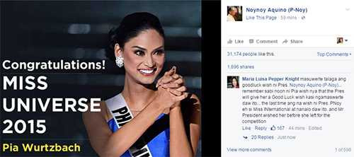 Tổng thống Phillipines chúc mừng Pia giành được vương miện Hoa hậu hoàn vũ 2015 trên trang cá nhân