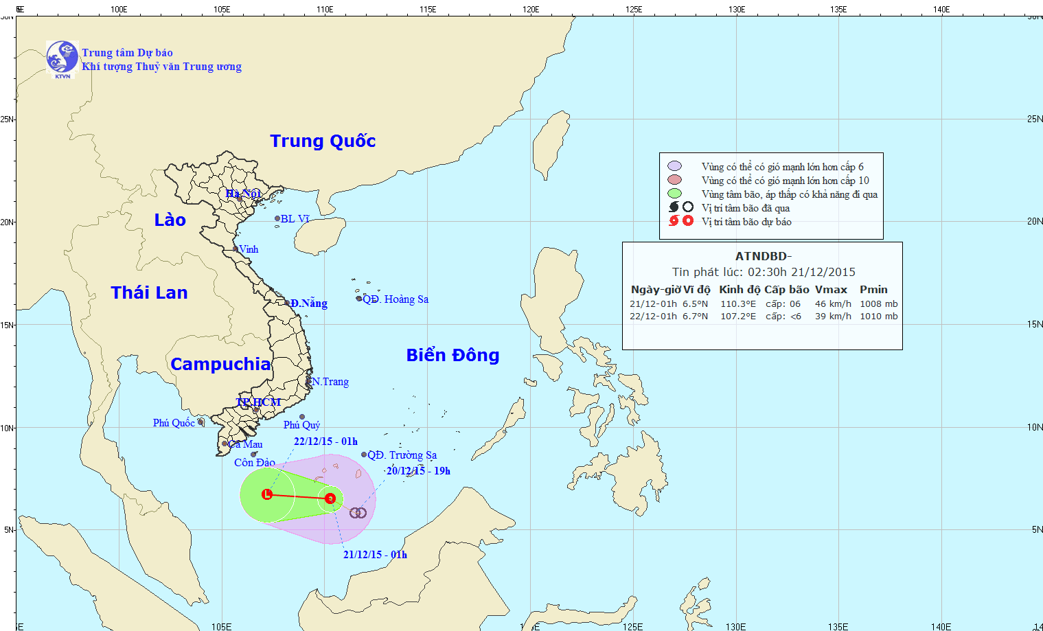 Đường đi dự kiến và vị trí của vùng áp thấp nhiệt đới (Ảnh:nchmf)