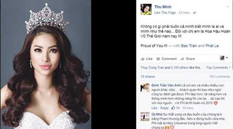 Thu Minh cũng động viên Phạm Hương vượt qua nỗi buồn vì với khán giả Việt, Phạm Hương đã là Hoa hậu Hoàn vũ thế giới năm nay.