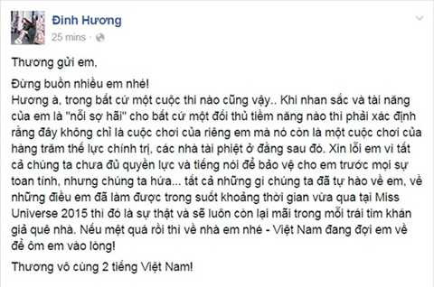 Đinh Hương cũng gửi lời nhắn nhủ đến cô gái vàng của Việt Nam - Phạm Hương. 