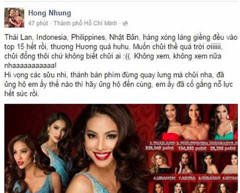 Diva Hồng Nhung bức xúc trước kết quả không thuyết phục của Miss Universe 2015. 