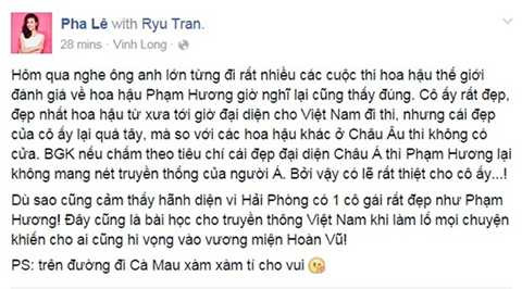 Cùng chung cảm xúc ấy, nữ ca sĩ Pha Lê cảm thấy hãnh diện về đại diện nhan sắc của Việt Nam. 
