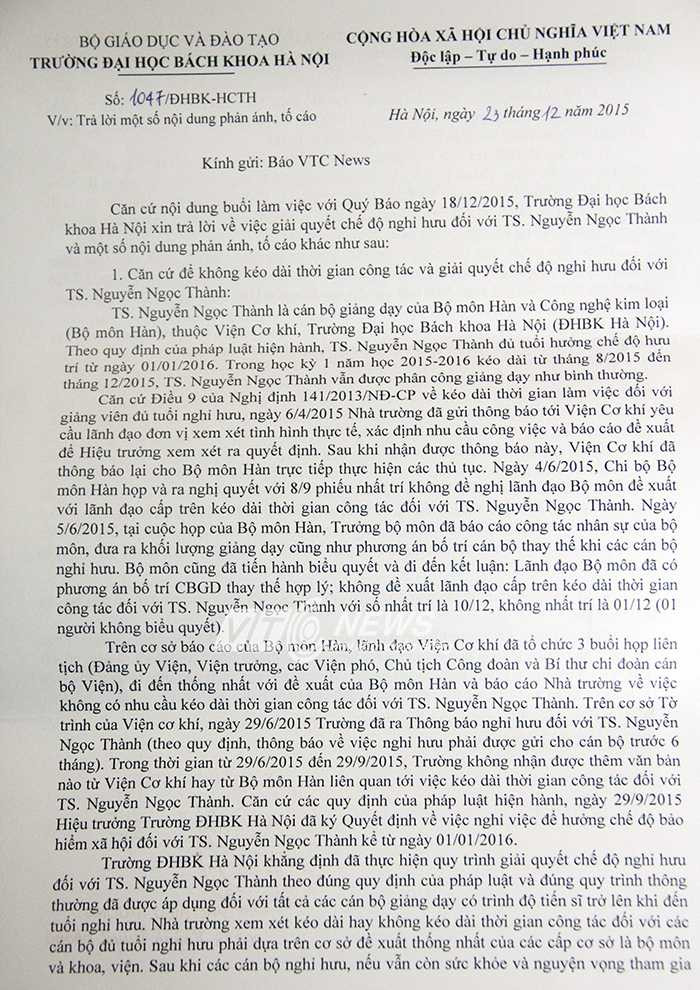 ĐH Bách khoa Hà Nội trả lời VTC News về những nội dung tố cáo của TS Nguyễn Ngọc Thành