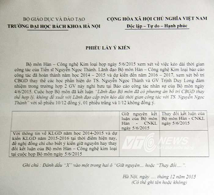 Phiếu lấy ý kiến đối với sự việc của TS Nguyễn Ngọc Thành