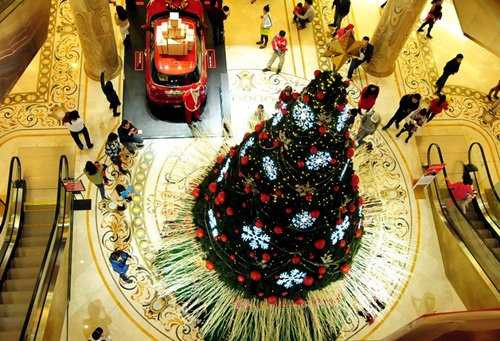 Cây cao khoảng 15m, rộng 6m, trang trí bằng hàng ngàn bóng điện, nhiều dây chuông, bông tuyết…