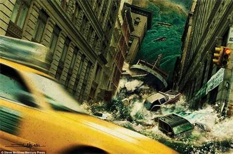 Một cơn lũ quét ngang con phố hẹp ở thành phố New York. Trong làn nước xiết là những chiếc <a href='https://vtcnews.vn/oto-xe-may.31.0.html' >ô tô</a>