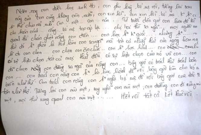 Hai bức thư Tr. viết gửi bố mẹ được tìm thấy trong ba lô tại hiện trường - Ảnh: Hoài Thương