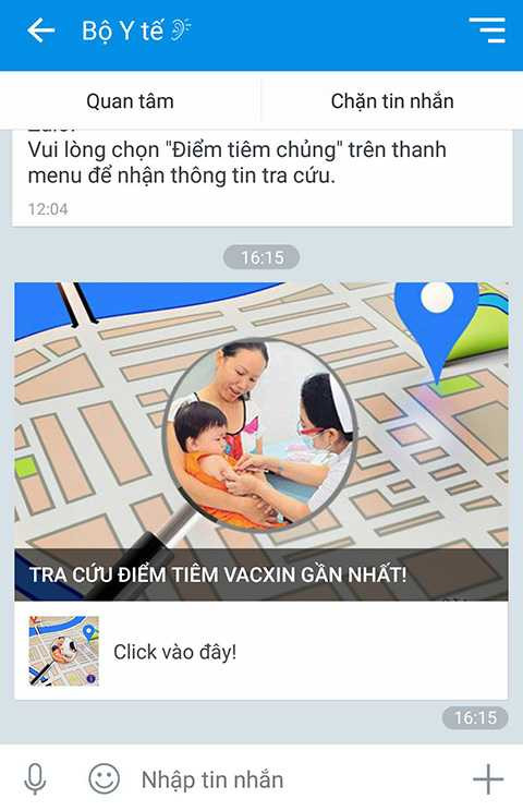 Tin nhắn từ trang Zalo của Bộ Y Tế gửi tới người dùng