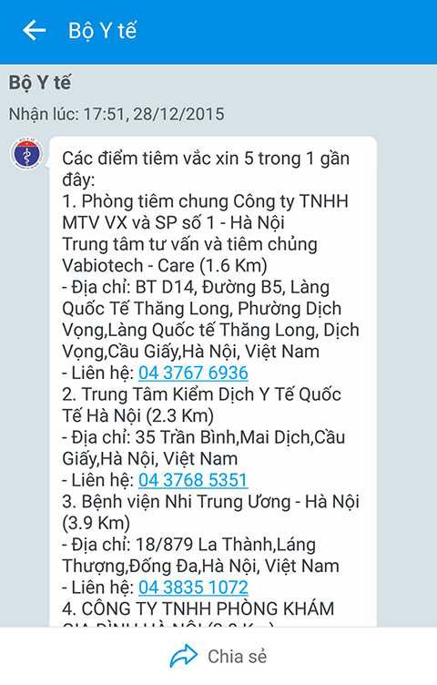 Sau khi người dùng chọn xác nhận cung cấp vị trí cho trang chủ của Bộ Y Tế, người dùng sẽ nhận được tin nhắn thông báo 5 địa điểm tiêm vắc xin 5 trong 1 gần vị trí của người dùng nhất.