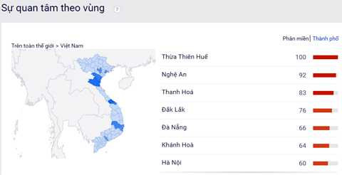 Khu vực tìm kiếm Công Phượng nhiều nhất.