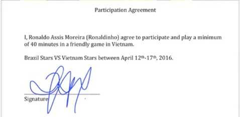 Chữ ký của Ronaldinho xác nhận sẽ thi đấu it nhất 40 phút