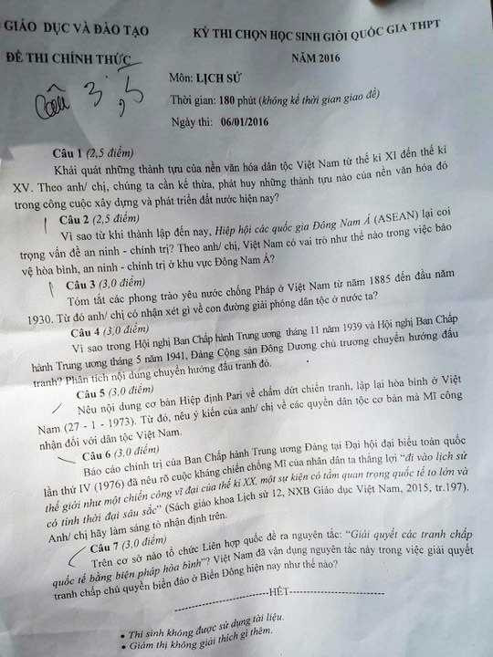 Đề thi Học sinh giỏi quốc gia môn Lịch sử năm 2016