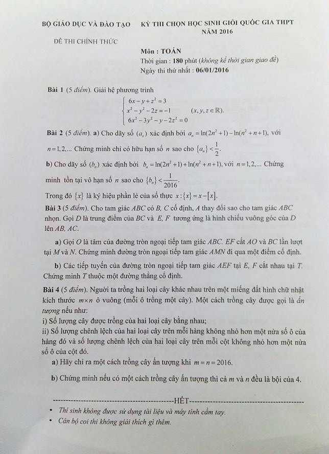 Đề thi học sinh giỏi quốc gia môn Toán học năm 2016