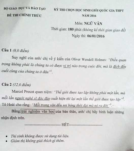 Đề thi học sinh giỏi quốc gia môn Ngữ văn năm 2016