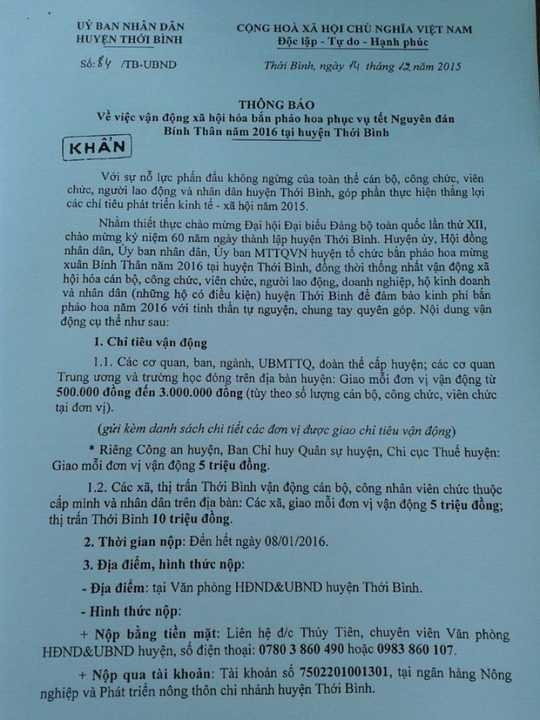 Văn bản Thông báo Khẩn của Chủ tịch UBND huyện Thới Bình Trần Văn Dũng đặt chỉ tiêu về mức tiền cần vận động xã hội hóa bắn pháo hoa
