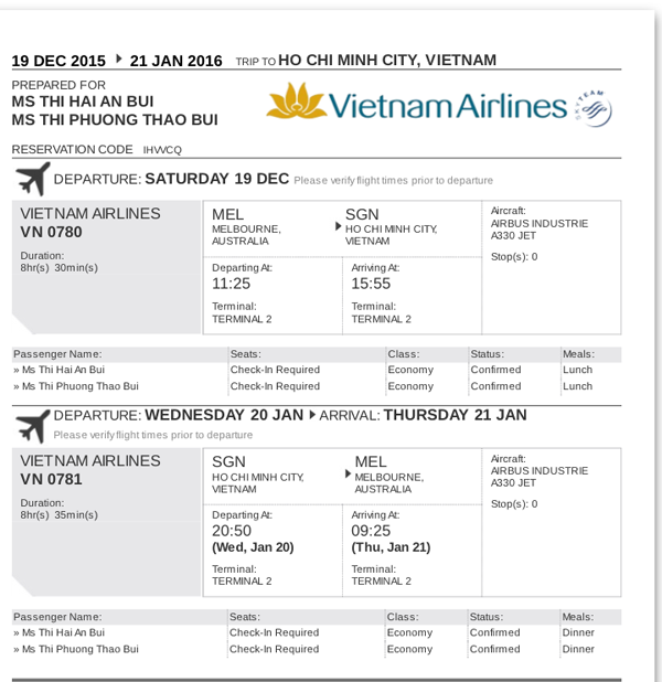 Chị Bùi Thị Hải An có vé máy bay nhưng không có tên trên chuyến bay