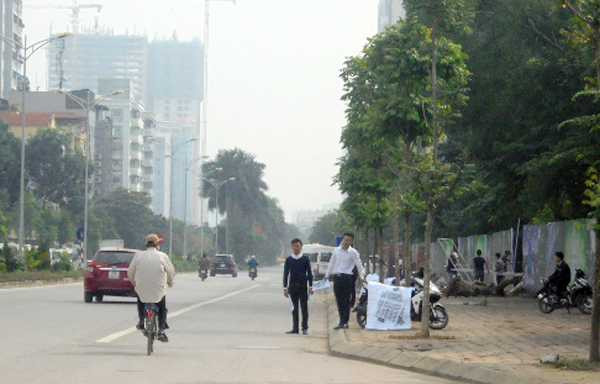  Những nam thanh niên, mặc áo vest, quần âu đứng dàn hàng tư vấn ở vỉa hè