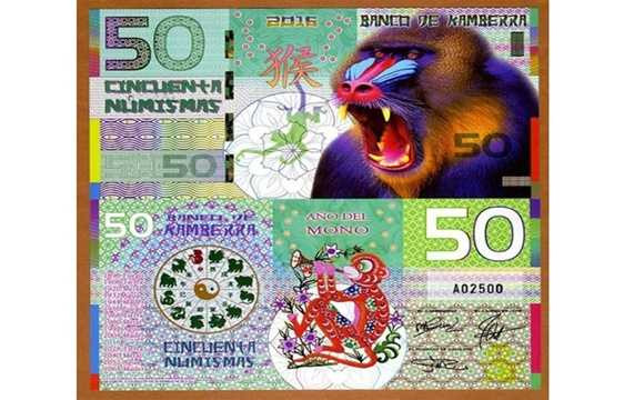 Tiền con khỉ Úc Kamberra 50 Numismas là tờ tiền kỉ niệm được in ra để làm tiền lì xì cho tết của người châu Á.