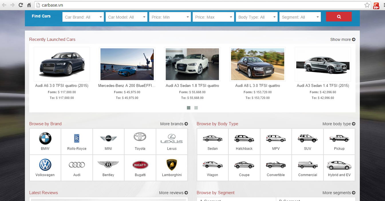 Giao diện website carbase.vn phân loại và sắp xếp các mẫu xe theo: thương hiệu, kiểu dáng, phân khúc,… khác biệt hoàn toàn với các website, diễn đàn xe hơi hiện nay sắp xếp tin bài theo thời gian