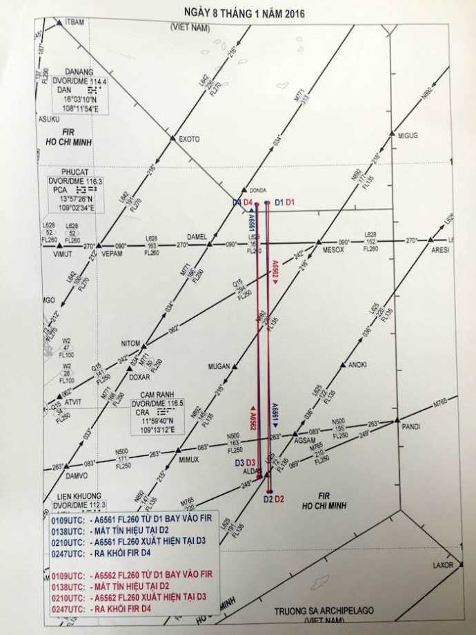 Sơ đồ hoạt động bay của các tàu bay Trung quốc sáng 8/1 trong FIR Hồ Chí Minh