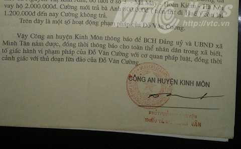 Văn bản thông báo của Công an huyện Kinh Môn