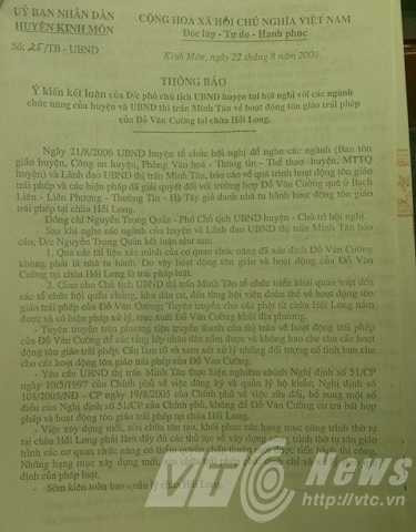 Văn bản thông báo về sự việc Đỗ Văn Cường của UBND huyện Kinh Môn năm 2006